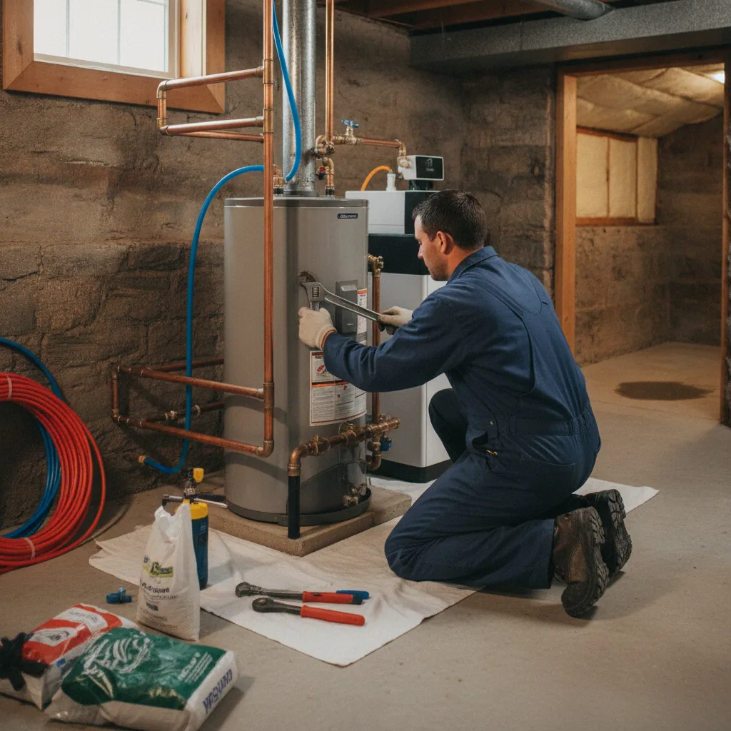 Plumber in blue shirt crouching to work on water heater installation with copper and blue piping.