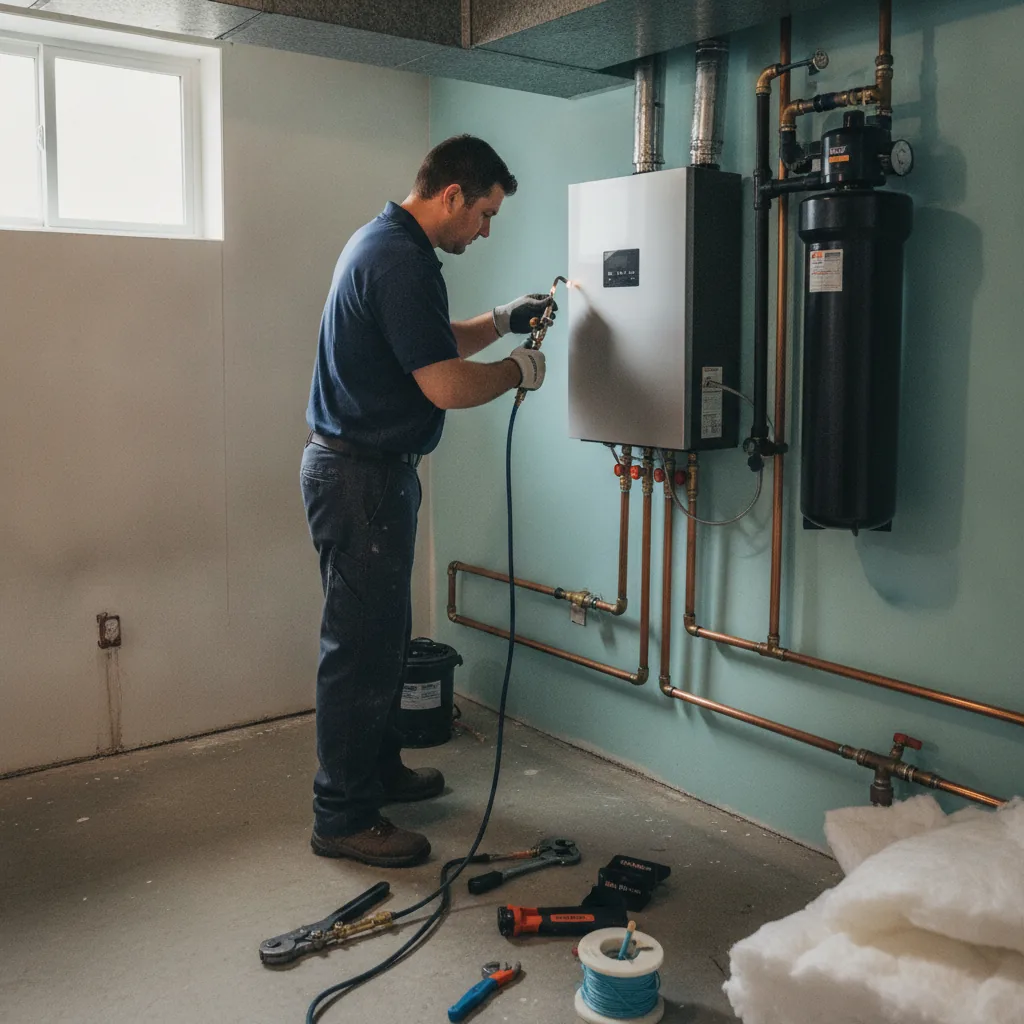 Plumber installing a white tankless water heater on a turquoise wall with copper piping.