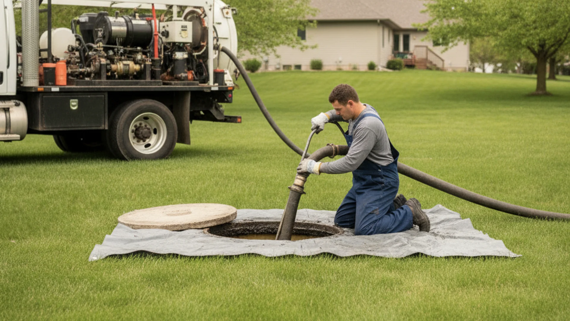 Septic technician pumps a tank through an open lid in a grassy yard, with the service truck parked nearby